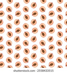 Peach flat seamless pattern on white background. Wrapping paper, gift card, poster, banner design. Home decor, modern textile print. Summer bright geometric fruits patterned.