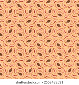 Peach flat seamless pattern on orange background. Wrapping paper, gift card, poster, banner design. Home decor, modern textile print. Summer bright geometric fruits patterned.