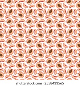 Peach flat seamless pattern on white background. Wrapping paper, gift card, poster, banner design. Home decor, modern textile print. Summer bright geometric fruits patterned.