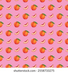 Peach flat seamless pattern on pink background. Wrapping paper, gift card, poster, banner design. Home decor, modern textile print. Summer bright geometric fruits patterned.