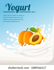 Peach flavored yogurt. Milk splashing and peach fruit. Yogurt ads in flat style. Vector illustration on light blue background. Place for your text.