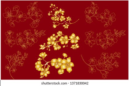 Peach flower and cherry blossom set.Sakura vector set.isolate and golden flower.Free hand Sakura flower vector set, 