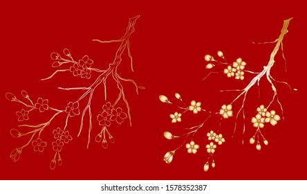 Peach flower and cherry blossom set.Sakura vector set.isolate and golden flower.Free hand Sakura flower vector set,Gold sakura floral on red background for happy new year 2020.Beautiful line art.