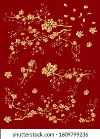 Peach flower and cherry blossom set.Sakura vector set.isolate and golden flower.Free hand Sakura flower vector set,Plum blossom illustration for printing on background.flower design for tattoo idea.