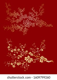 Peach flower and cherry blossom set.Sakura vector set.isolate and golden flower.Free hand Sakura flower vector set,Plum blossom illustration for printing on background.flower design for tattoo idea.