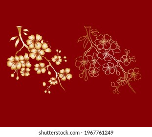 Peach flower and cherry blossom set.Sakura vector set.isolate and golden flower.Free hand Sakura flower vector set,Apricot and plum blossom set on background.