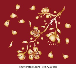 Peach flower and cherry blossom set.Sakura vector set.isolate and golden flower.Free hand Sakura flower vector set,Apricot and plum blossom set on background.