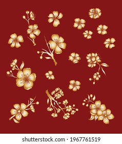 Peach flower and cherry blossom set.Sakura vector set.isolate and golden flower.Free hand Sakura flower vector set,Apricot and plum blossom set on background.