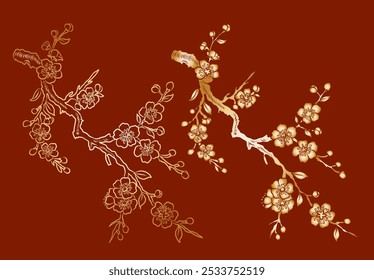 Peach flower and cherry blossom set.Sakura vector set.isolate and golden flower.Free hand Sakura flower vector set, Elements for printing on paper or curtain,Fabric pattern and shirt.