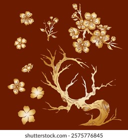 Peach flower and cherry blossom set.Sakura vector set.isolate and golden flower.Free hand Sakura flower vector set, Elements for printing on paper or curtain,Fabric pattern and shirt.