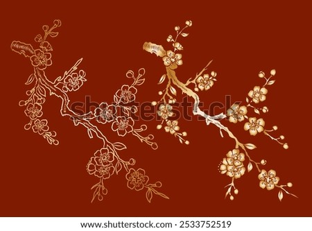 Peach flower and cherry blossom set.Sakura vector set.isolate and golden flower.Free hand Sakura flower vector set, Elements for printing on paper or curtain,Fabric pattern and shirt.