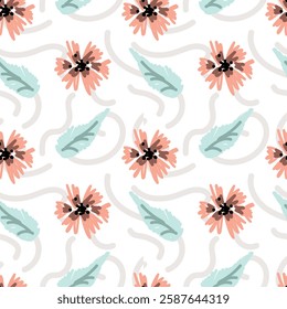 Peach flower and leaves seamless pattern with doodles