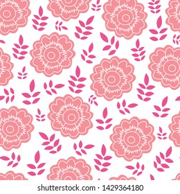 Peach flower and pink leaf vector seamless pattern background