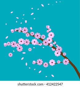 Peach flower. Sakura branch. Cherry blossom. Flat design. Spring tree vector graphic.  