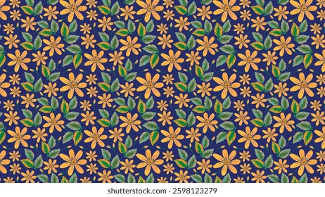 Peach flowers and green leaves form a vibrant floral pattern on a rich navy blue background.