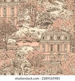 Peach french toile de jouy illustration of a manor in the forest