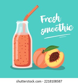 Peach Fresh. Cocktail smoothie. Template for menu or banner for healthy eating. Fresh energetic drink for healthy life. Peach juice in glass bottle with straws. Vector flat design. 