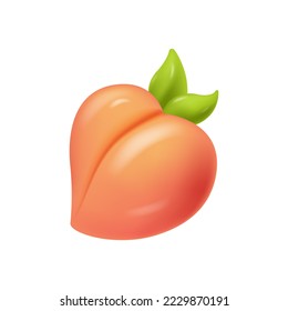 Peach fruit in 3d plastic style. Realistic design element isolated on white background. New glossy emotions
