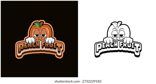 Logotipo de dibujos animados de frutas de melocotón con texto y una alta expresión. Diseño a todo color y en blanco y negro. Diseño para pegatina, etiqueta, cubierta, embalaje, camiseta, negocio y Producto. VECTORES y ILUSTRACIONES