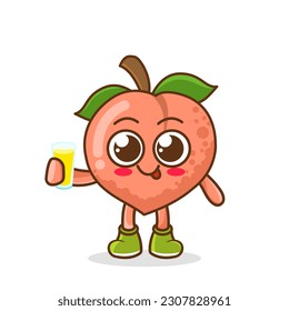 Caricatura De Mascota De Caricatura De Fruta De Melocotón Con Un Cristal De Zumo Y Una Presentación. Personaje de caricatura de melocotón con un vaso de jugo.