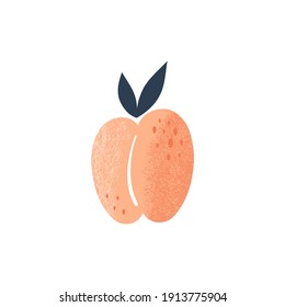 Peach Fruit Clip-art Isolated On White Background. Flat Vector Paper Cut Brush Textured Veggie Illustration Bright Coloured Summer Fruity Art Print For Kids