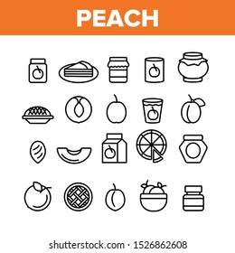 Peach Fruit Collection Elements Icons Set Vector Thin Line. Jam Bottle And Pie, Juice And Piece Of Peach, Nectarine Pin And Dessert Concept Linear Pictograms. Monochrome Contour Illustrations