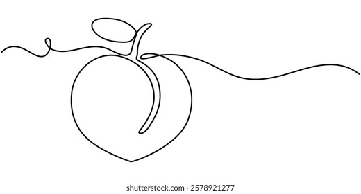 Peach fruit in continuous line art drawing style. Simple black sketch made of one line isolated on white background, Apricot vector illustration. One line drawing art illustration.