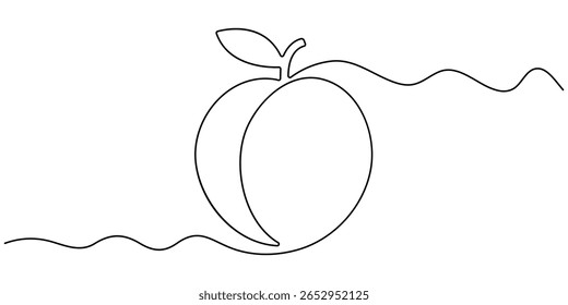 peach fruit continuous one line drawing, Peach fruit in continuous line art drawing style. Simple black sketch made of one line isolated on white background, Fresh peach continuous one line drawing.