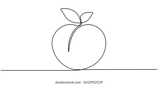 fruto de pêssego desenho contínuo de uma linha, fruto de pêssego em estilo de desenho de arte de linha contínua. Esboço preto simples feito de uma linha isolada em fundo branco, pêssego fresco contínuo um desenho de linha.