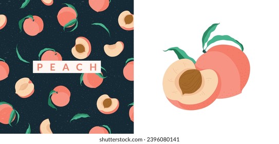 Peach Fruit design elements set, minimalistic illustration. Botanical elements for design.