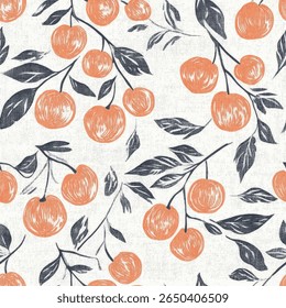 Peach fruit fabric pattern, white background, orange and grey color palette. , Woodblock print seamless pattern, seamless repeating vector, design for textile print. Vector illustration