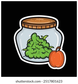 Sabor de fruta de melocotón con la mascota de dibujos animados de Weed Bud en tarro. Para pegatina y etiqueta. Vector e ilustración.