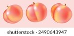 Peach fruit  flying on soft pink backround, realistic element. Vector juicy art 