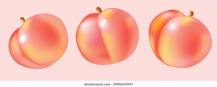 Peach fruit  flying on soft pink backround, realistic element. Vector juicy art 