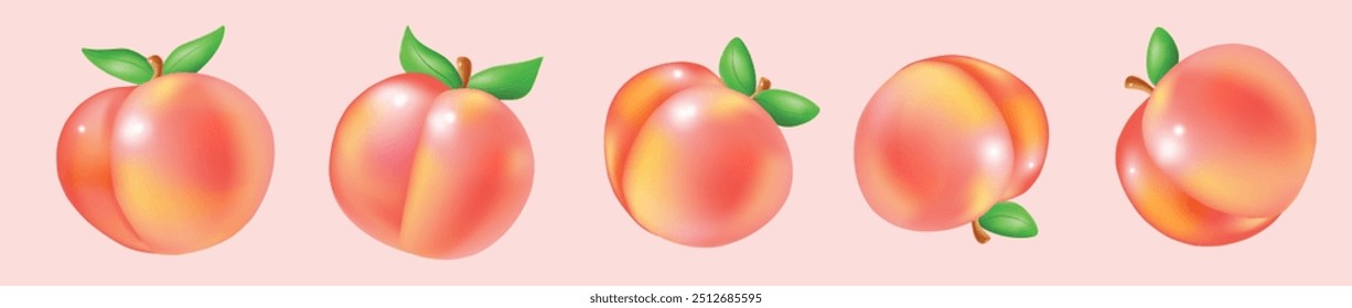 Peach fruit  flying on soft pink backround, realistic element. Vector juicy art 