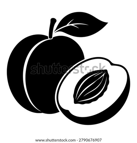Peach fruit half black silhouette icon with whole peach, sliced half, pit, leaf and stem, bold graphic isolated on white background for stickers, labels and packaging.