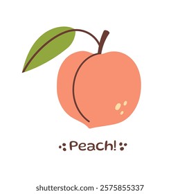 Peach Fruit illustration. Peach icon. Organic vitamins and healthy nutrition. Isolated Peach with green leaf. Flat design, doodle style. Graphic print for t-short. Vector