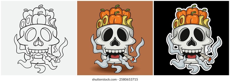 Peach Fruit Inside Skull Head With Smoking Character Cartoon. Black White, Colorful and Sticker Style. For T shirt print, Brand Logo, Label and Mascot product. Vectors Illustrations