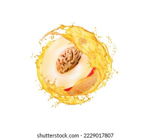 Peach fruit with juice splash. Isolated half slice with seed, juicy pulp and liquid swirl. Realistic 3d vector fresh vitamin drink whirl with droplets. Isolated beverage splash