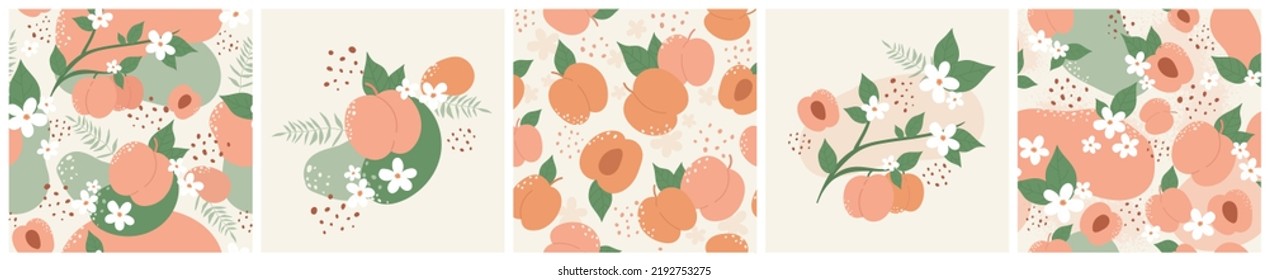 Peach fruit, leaf and flowers on botanical pattern set vector illustration. Abstract natural juicy apricot or nectarine products, sweet summer of fall harvest for market, floral seamless background