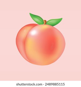 Peach fruit  with leaf isolated on soft pink, realistic element. Vector juicy art 