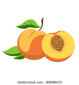 Peach - una fruta con hojas y cortada en trozos.