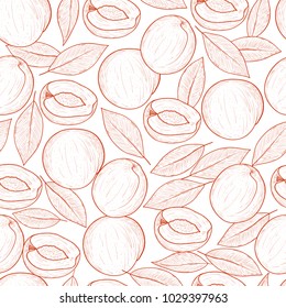 Peach. Fruit and leaves. Sketch. Monochrome. Background, wallpaper, seamless.