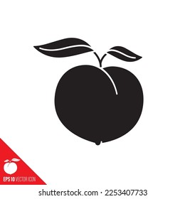 Peach fruit with leaves vector glyph icon . Healthy fruit symbol.