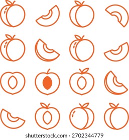 Peach fruit line icon set