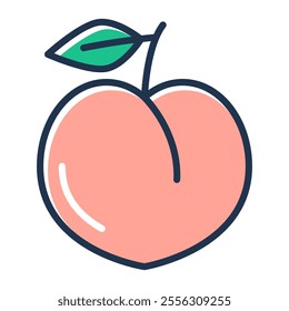 Peach fruit line icon vector isolated. Symbol of a healthy fresh dessert. Juicy vegetarian product. Pink peach with green leaf.