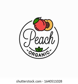 Peach fruit logo. Round linear logo of peach slice on white  background