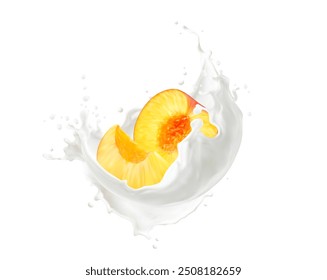 Fruta de pêssego com creme de leite ou jato de iogurte. Vetor 3d realista bebida leitosa onda redemoinho e fatias maduras. Produto láteo frutado fresco isolado, iogurte, refrescante coquetel branco líquido torcer e gotas