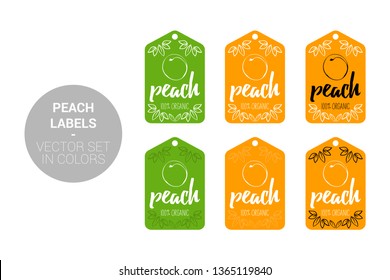 Peach fruit Natural store labels set in green, orange colors. Cartoon Advertising hundred percent organic Stickers. fruit Badges with Hand drawn peach with little Eco leaves ready for web and Print