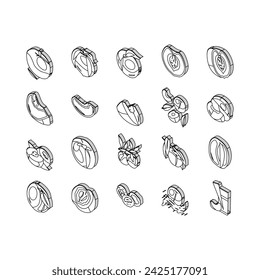 peach fruit nectarine juicy isometric icons set. orange leaf, slice fresh food, yellow sweet summer, red cut ripe, organic nature peach fruit nectarine juicy color line